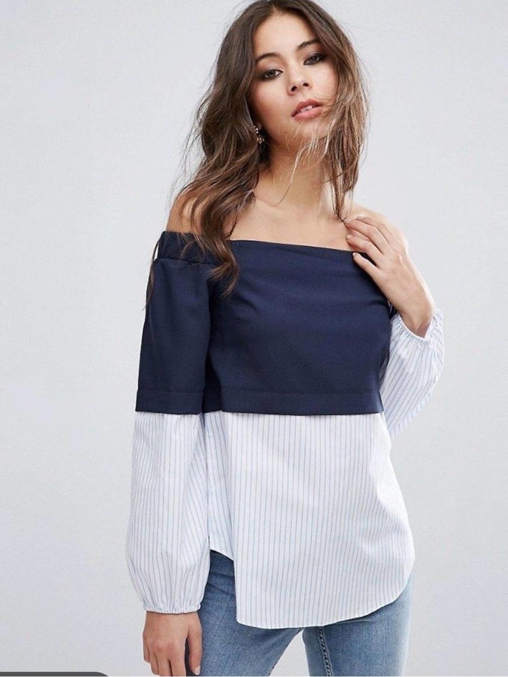 ASOS Navy and White Off-Shoulder Blouse